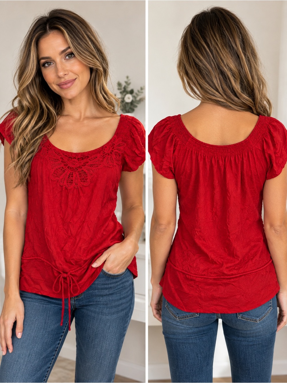 Woven Scoop Neck Tie-Hem Top - Red